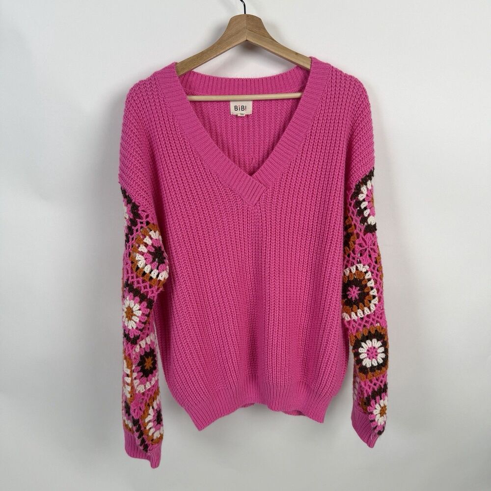 BIBI V Neck Sweater XL Pink  Crochet Granny Square Sleeve Boho  Retro Festival